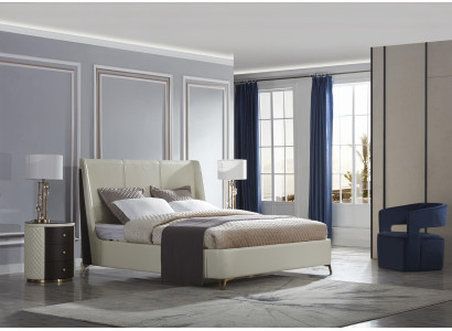 Set da camera da letto design 3 pezzi. Letto in pelle + 2 comodini. Letti di lusso moderni.