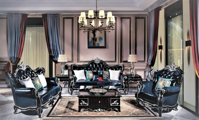 Set di divani Chesterfield classici 3+2+1 in nero ultra