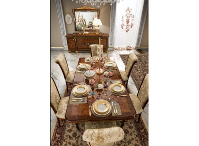 Set da pranzo con vetrina, tavolo, 6 sedie, cassettiera, specchio, stile barocco, nuovo, 10 pezzi.