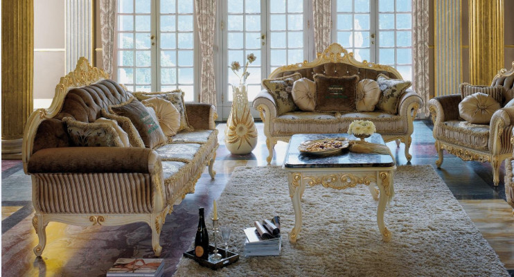 Divano in velluto imbottito Seduta 3 posti + 2 posti Set di divani Design in legno Divani italiani.