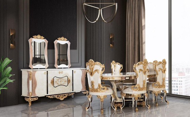 Set da pranzo di lusso 9 pezzi. Tavolo da pranzo + 6 sedie + credenza con specchio bianco Nuovo