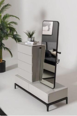 Set da camera da letto moderno in bianco e nero (letto, due comodini, cassettiera con specchio)