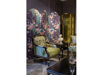 Poltrona relax classica in tessuto lounge, seduta di lusso in stile barocco verde.