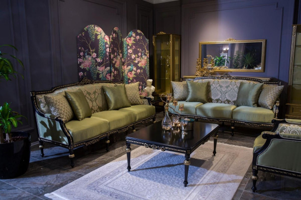 Poltrona relax classica in tessuto lounge, seduta di lusso in stile barocco verde.