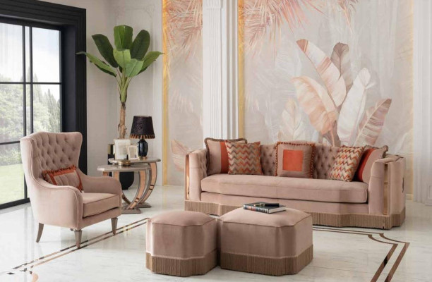 Soggiorno di lusso, elegante divano 4 posti poltrona con 2 pouf, mobili eleganti.