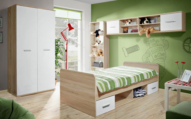 Camera da letto per bambini completa con letto, armadio, libreria, mensola a parete, set da 5 pezzi.
