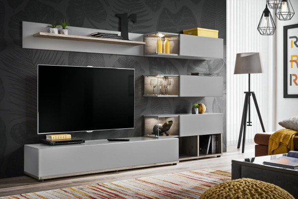 Grigio parete attrezzata salotto mobili in legno supporto TV RTV design moderno arredamento