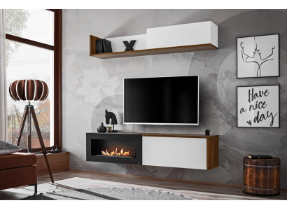 Supporto TV per soggiorno con camino, parete attrezzata, mensola a muro, mobili in legno, nuovo.