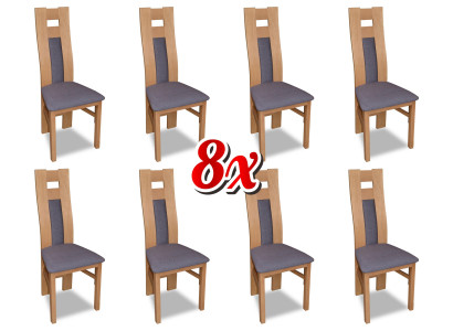 Set completo di 8 sedie da designer per sala da pranzo con schienale e seduta imbottiti in tessuto.   Set completo di 8 sedie da designer per sala da pranzo con schienale e seduta imbottiti in tessuto.