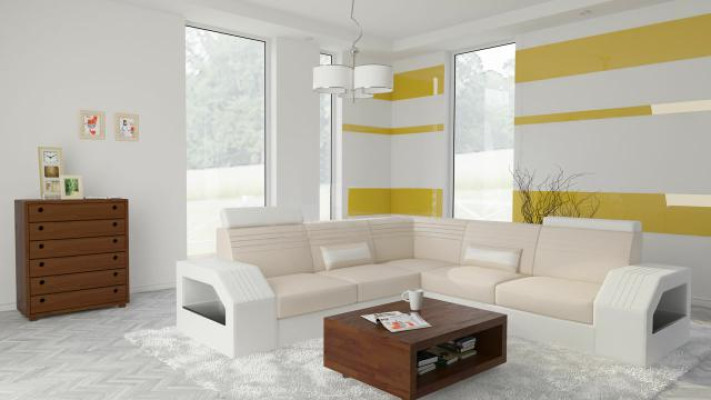 Divano design Divano angolare in pelle e tessuto Set di imbottiti Soggiorno a forma di L