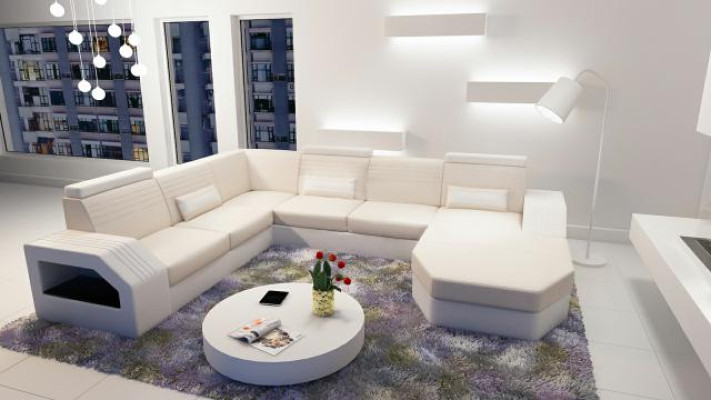 Divano design angolare in pelle, tessuto, tessuto, nuova imbottitura per salotto.