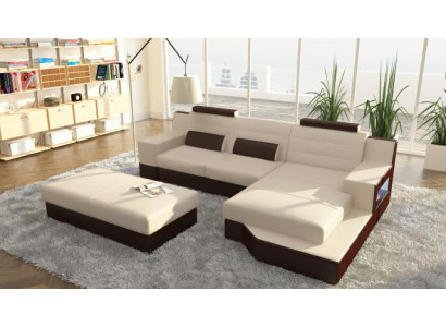 Divano angolare in pelle e tessuto imbottito, insieme di divani di design.