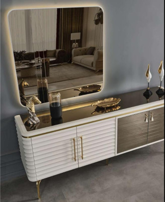 Set da pranzo grigio-bianco tavolo in legno 6 sedie in tessuto credenza 9 pezzi