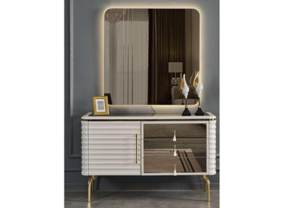 Mobile elegante con cassetti bianchi con specchio a LED rotondo set da camera da letto 2 pezzi