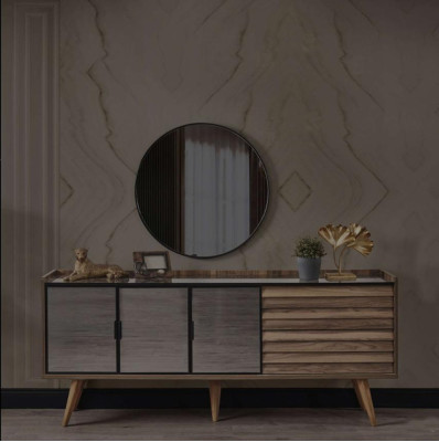 Set da sala da pranzo marrone, credenza elegante, specchio rotondo, mobili in legno, 2 pezzi.