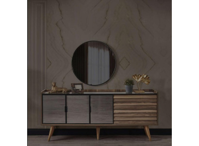 Set da sala da pranzo marrone, credenza elegante, specchio rotondo, mobili in legno, 2 pezzi.
