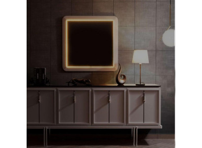 Set da pranzo moderno con credenza marrone, specchio quadrato, set di 2 pezzi.