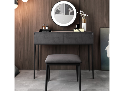 Grigio tavolo da trucco, toletta design con cassetti e cassettiera per cosmetici.