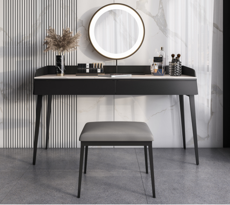 Moderna consolle nera in legno con specchio da trucco, design innovativo, nuovo.