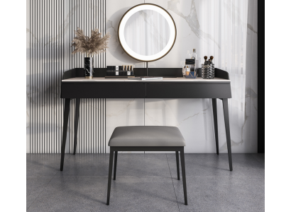 Moderna consolle nera in legno con specchio da trucco, design innovativo, nuovo.