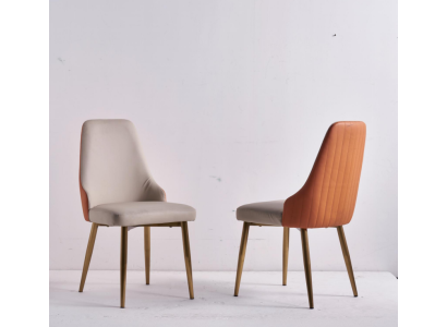 Sedie da pranzo arancioni e beige in pelle di lusso, sedie da cucina in legno.