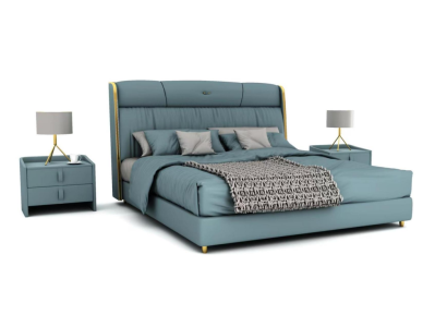 Camera da letto blu Letto matrimoniale Design mobili Letto a LED Legno Letti tessili