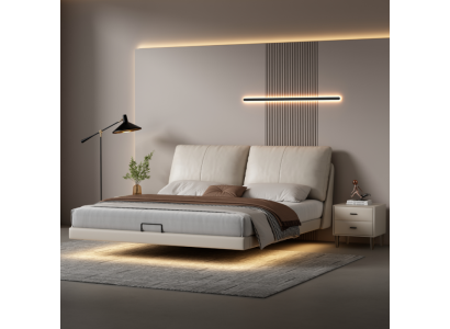 Camera da letto bianca, letto a scomparsa design in pelle, letti matrimoniali con struttura in legno.