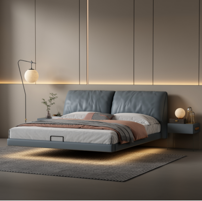 Camera da letto grigia Letti da designer Struttura in legno Mobili di lusso moderni