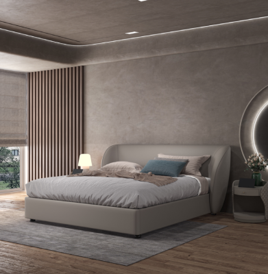 Camera da letto grigia da designer, letto matrimoniale in tessuto, letti in legno e pelle.