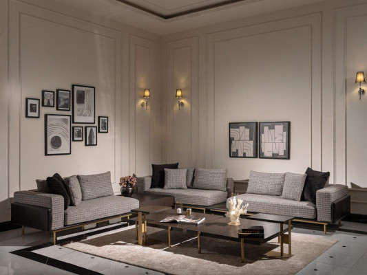 Soggiorno Divano Tavolini Set di 5 pezzi in tessuto grigio legno