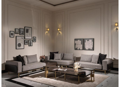 Soggiorno Divano Tavolini Set di 5 pezzi in tessuto grigio legno