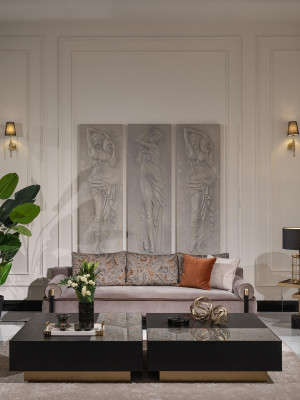 Soggiorno completo Tre posti Tavolini Grigio 3 pz Divano in stoffa