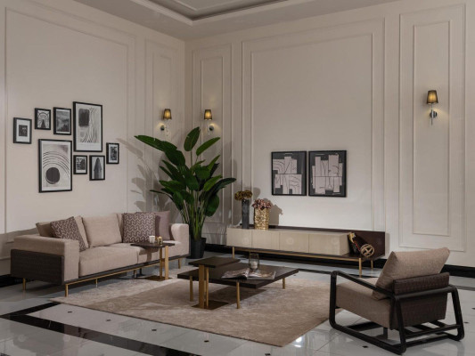 Soggiorno completo divano tavolini 6 pezzi divano in tessuto beige legno moderno.