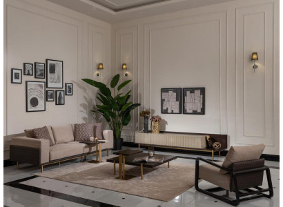 Soggiorno completo divano tavolini 6 pezzi divano in tessuto beige legno moderno.