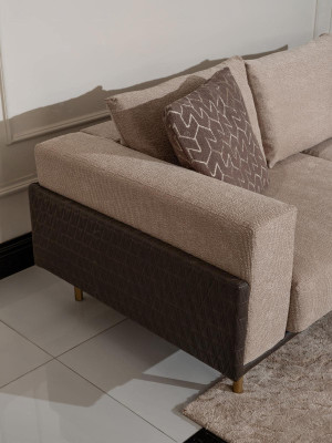 Soggiorno completo divano tavolini 6 pezzi divano in tessuto beige legno moderno.
