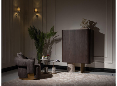 Set da soggiorno completo: 4 pezzi, poltrone, tavolini, tessuto marrone, legno, bar.