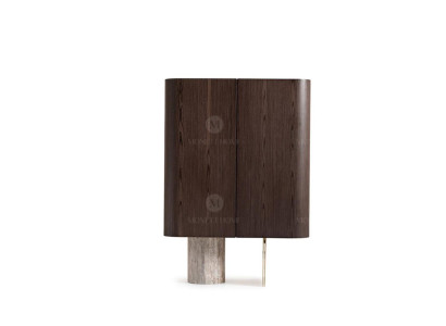 Set da soggiorno completo: 4 pezzi, poltrone, tavolini, tessuto marrone, legno, bar.