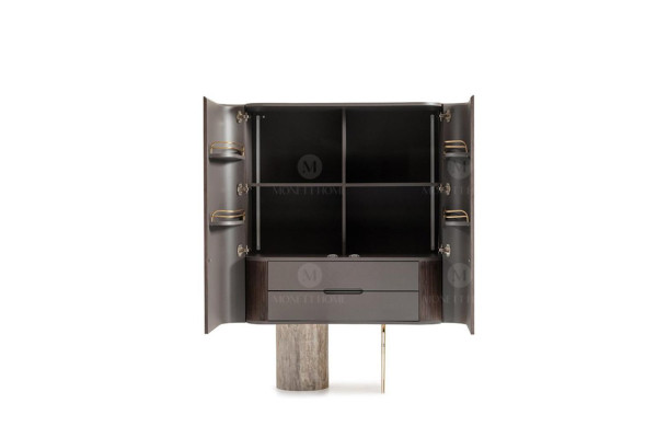 Set da soggiorno completo: 4 pezzi, poltrone, tavolini, tessuto marrone, legno, bar.