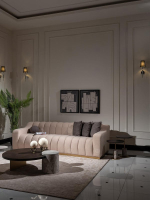 Set soggiorno divano a tre posti tavolini 4 pezzi divano in stoffa beige legno  Set soggiorno divano a tre posti tavolini 4 pezzi divano in stoffa beige legno
