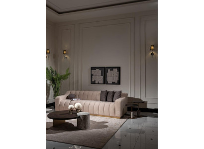 Set soggiorno divano a tre posti tavolini 4 pezzi divano in stoffa beige legno  Set soggiorno divano a tre posti tavolini 4 pezzi divano in stoffa beige legno
