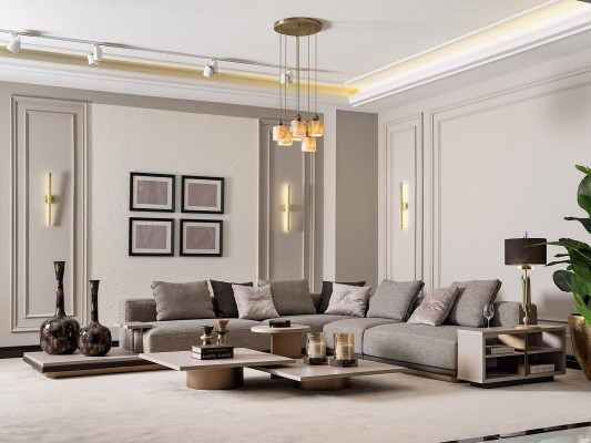 Divano ad angolo a forma di L, divano paesaggistico imbottito in tessuto grigio moderno.