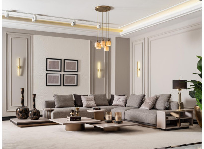 Divano ad angolo a forma di L, divano paesaggistico imbottito in tessuto grigio moderno.