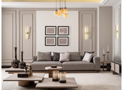 Set da soggiorno con divano a quattro posti e tavolini da caffè 5 pezzi in grigio.   Set da soggiorno con divano a quattro posti e tavolini da caffè 5 pezzi in grigio.