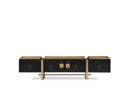 Mobile porta TV basso in legno nero dal design moderno con dettagli dorati