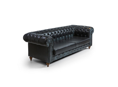 Sofà Chesterfield moderno a tre posti in velluto di lusso, design sofisticato.