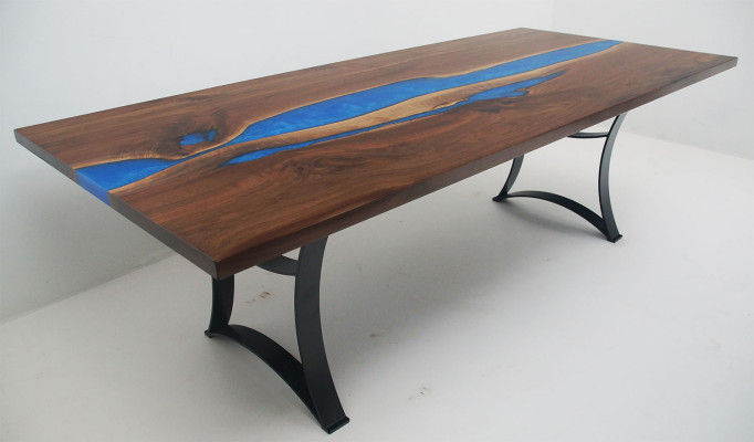 Tavolo da pranzo Blue River Table in legno massiccio 220x90 Tavoli in resina epossidica Nuovi