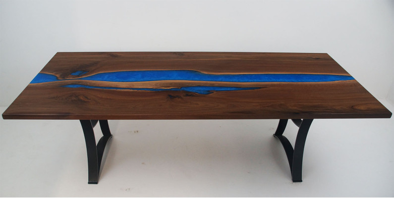Tavolo da pranzo Blue River Table in legno massiccio 220x90 Tavoli in resina epossidica Nuovi