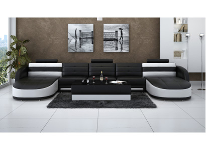 Design divano angolare in pelle componibile moderno con angolo chaise longue, porta USB, nuovo, nero