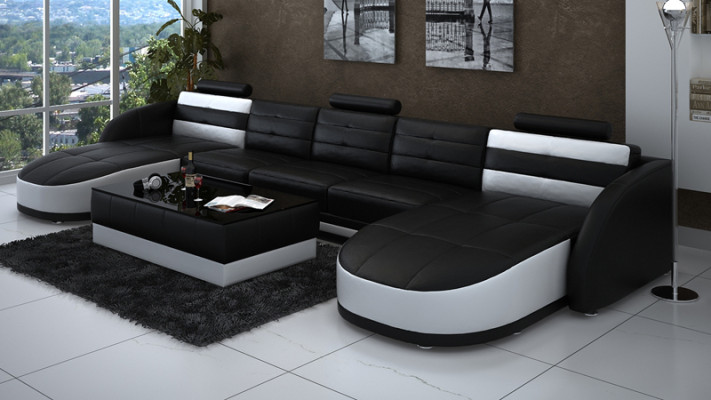 Design divano angolare in pelle componibile moderno con angolo chaise longue, porta USB, nuovo, nero
