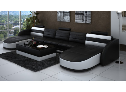 Design divano angolare in pelle componibile moderno con angolo chaise longue, porta USB, nuovo, nero